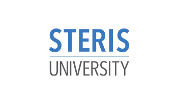 A blue and white logo of steris university.