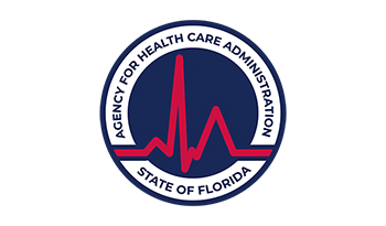 A red and white logo for the agency for health care administration.